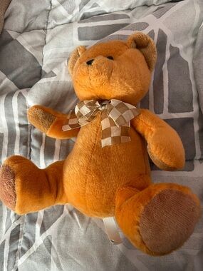 Plush Orange Teddy Bear with Checkered Bow - Kids Toy